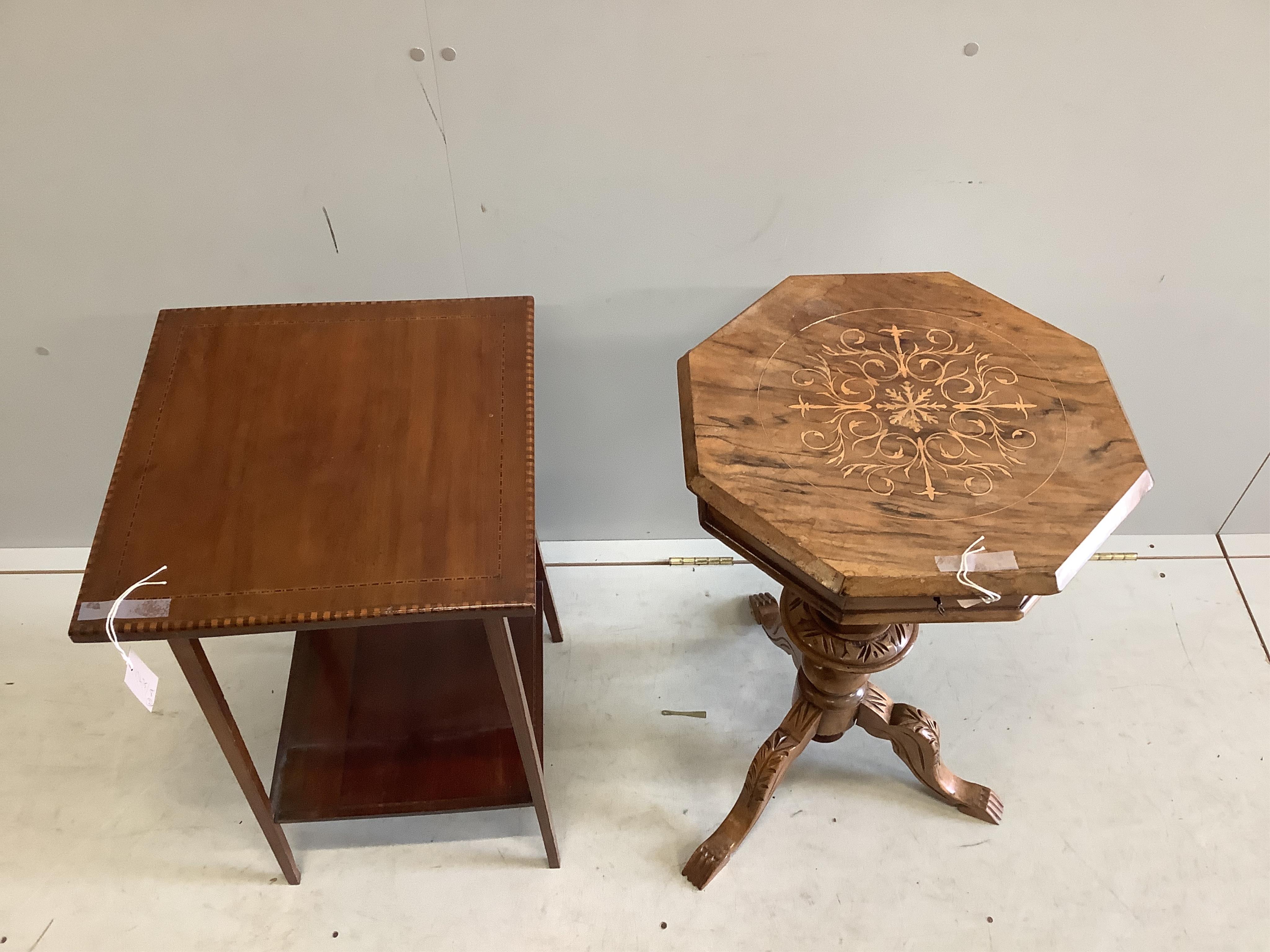 A Victorian marquetry inlaid rosewood trumpet work table, height 74cm, together with an Edwardian banded and inlaid mahogany two tier occasional table. Condition - poor to fair